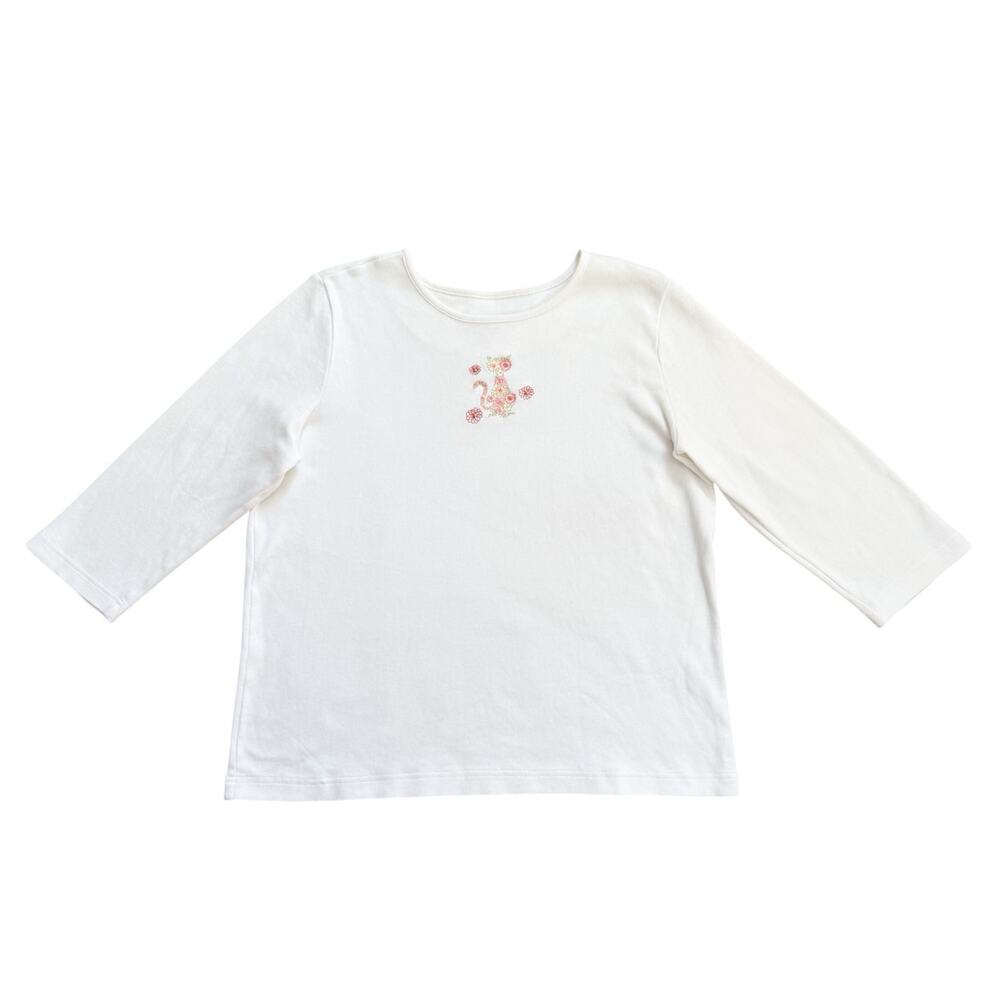 Vintage Y2K Cat Babydoll Tee Embroidered Floral 2000s Cotton Cottage Whimsy